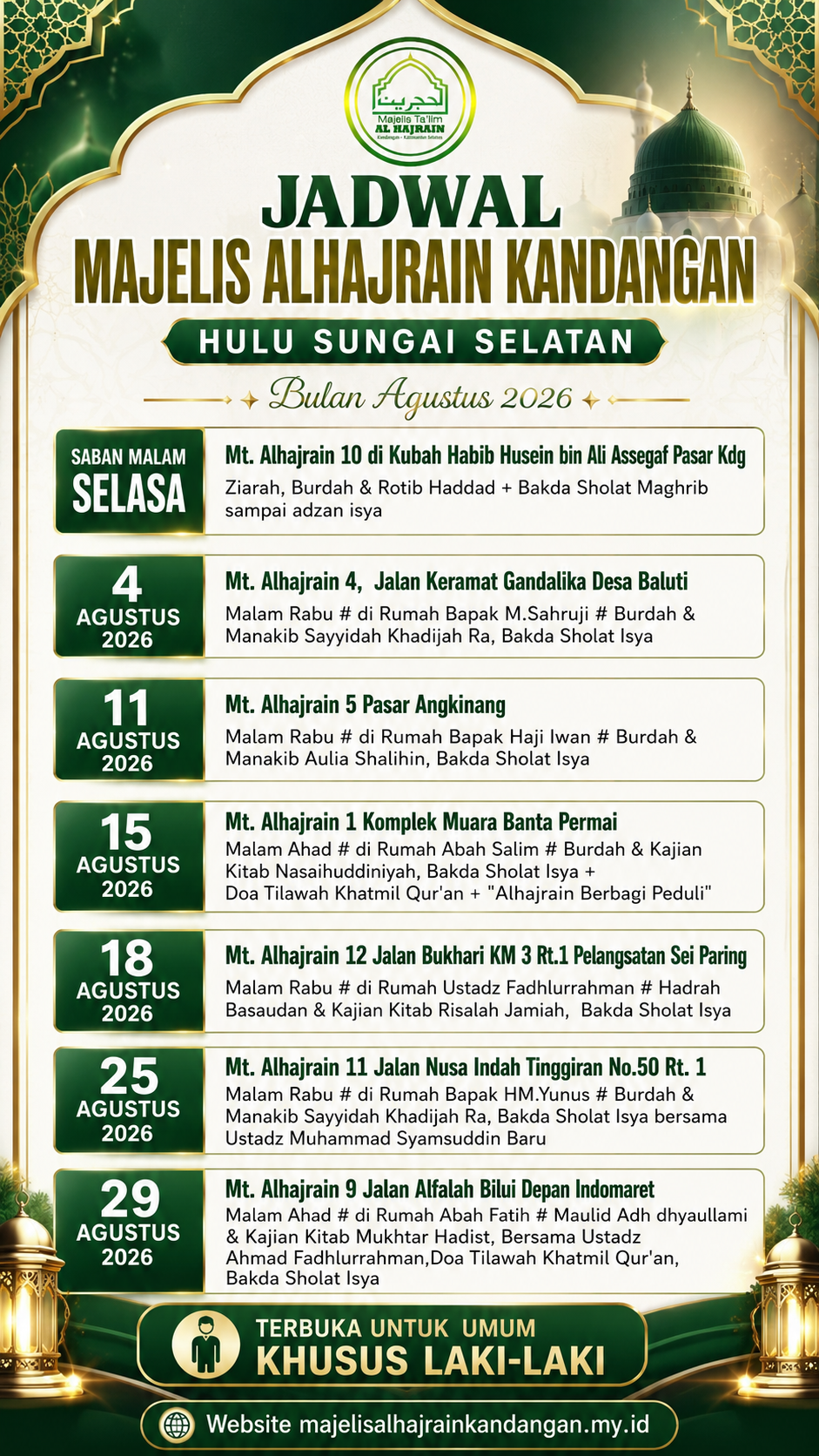 Jadwal Majelis Alhajrain Kandangan Bulan Agustus 2026