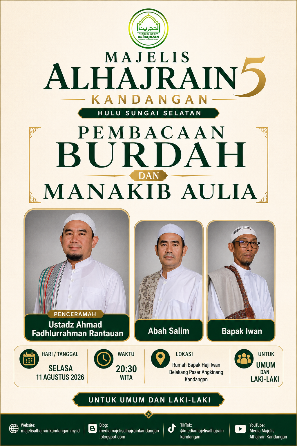 Undangan Pembacaan Burdah dan Manakib Aulia Majelis Alhajrain Kandangan 11 Agustus 2026