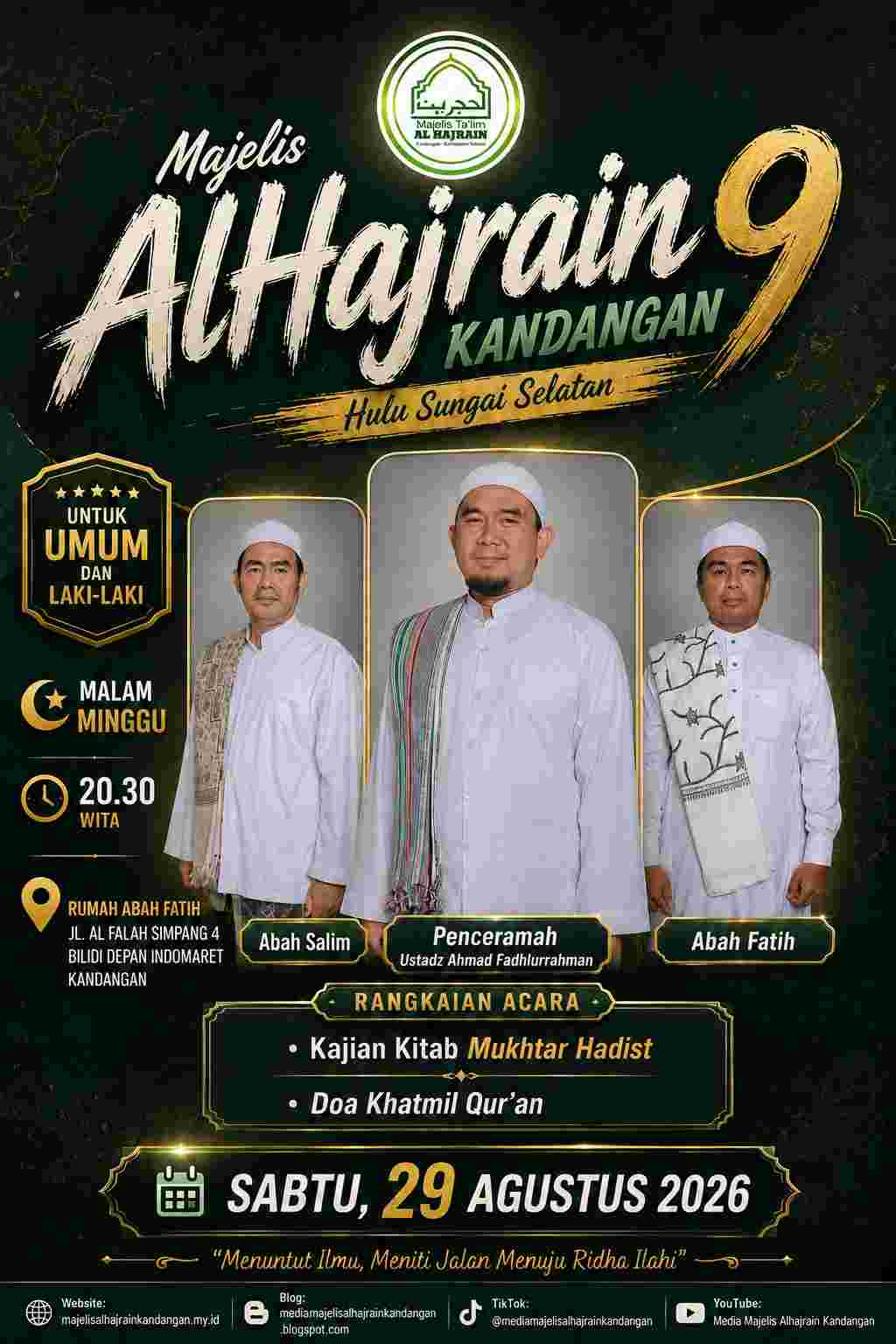 Undangan Pengajian Majelis Alhajrain 9 Kandangan Khusus Laki-Laki Umum pada Sabtu 29 Agustus 2026