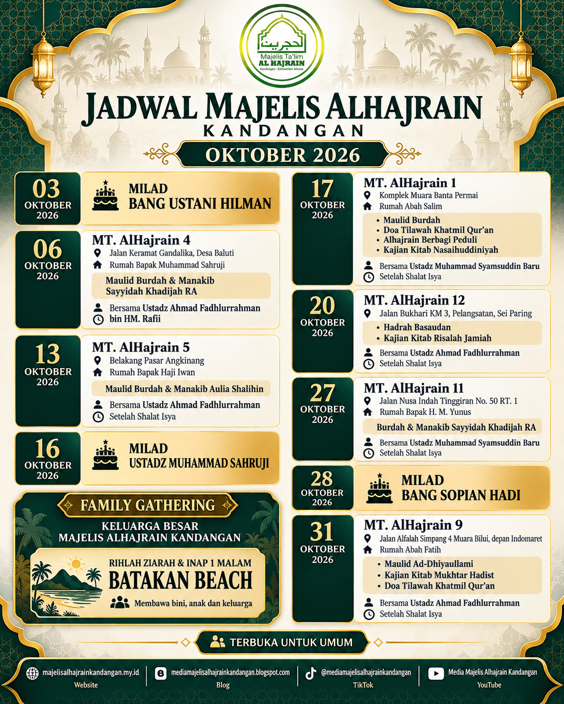 Jadwal Majelis Alhajrain Kandangan Bulan Oktober 2026