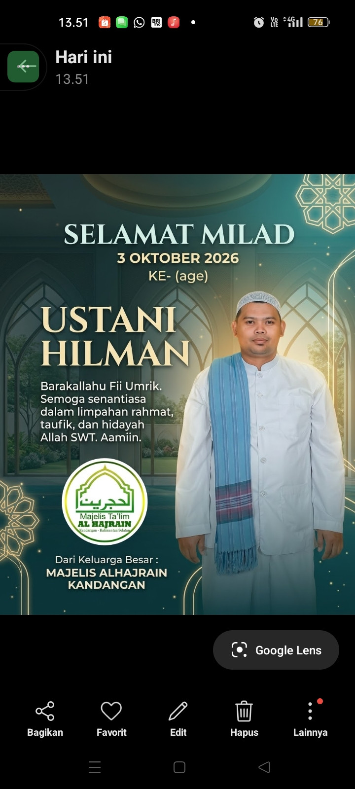 Ucapan Selamat Milad untuk Ustani Hilman dari Keluarga Besar Majelis Alhajrain Kandangan